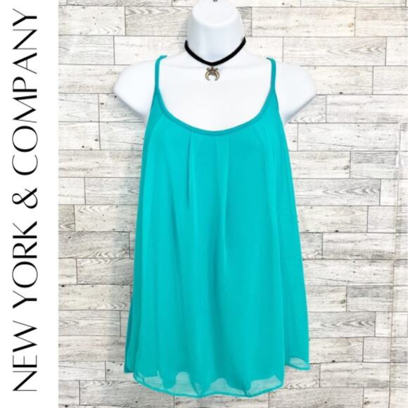 NEW YORK & COMPANY Blue-Green Tank Top W/ Chiffon Overlay, M - Picture 1 of 9